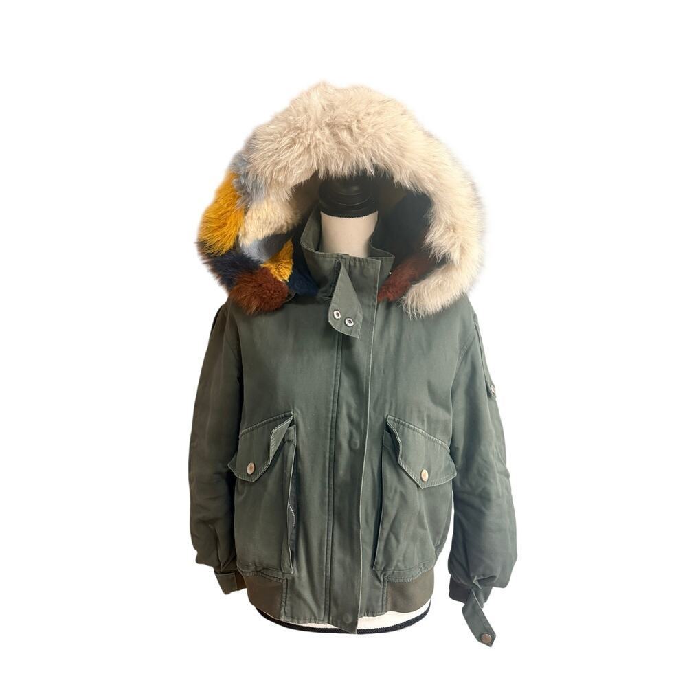 Maje Khaki Parka Fox Fur Rabbit Lined Hood Jacket Womens 4/36 Small Coat $1100